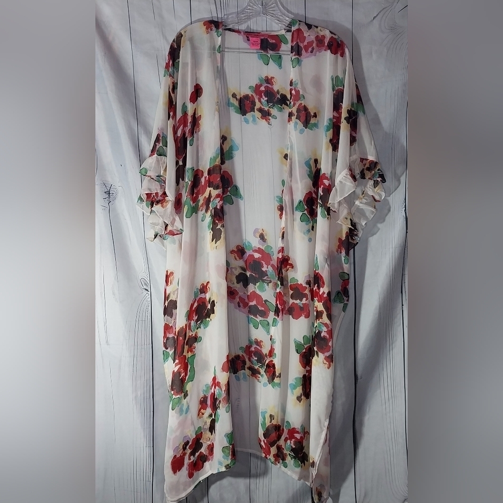Betsey Johnson Floral Sheer Ruffle Sleeve Boho Duster Kimono Cover Up